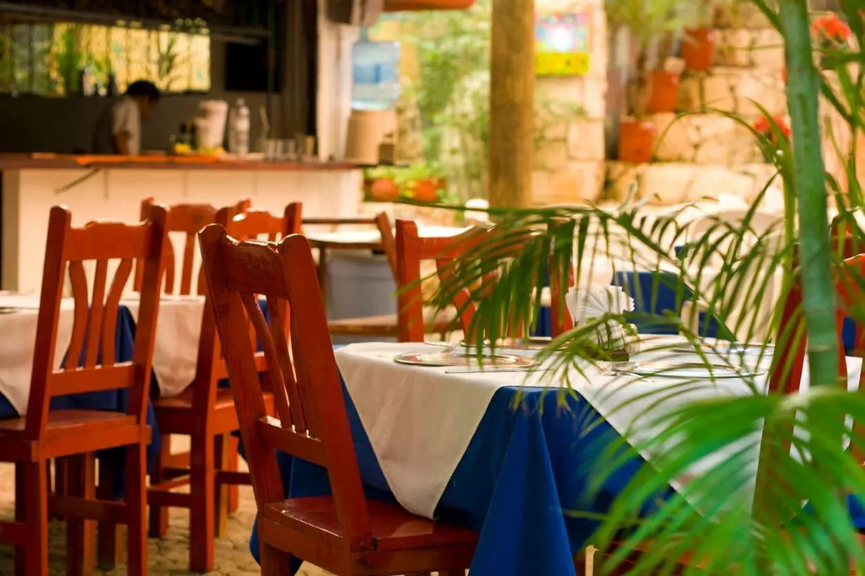 A table with a blue and white cloth on it